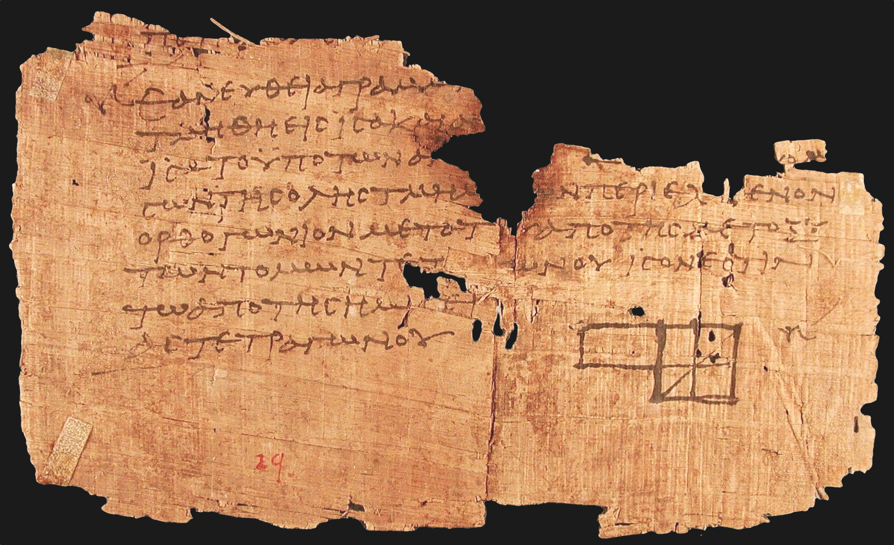 The oldest (fragmentary) copy of Euclid’s “Elements of Geometry” that is currently known. It is almost 2000 years old, dating back to the end of the first century. The diagram depicts Proposition (Axiom) 5 of Book II: If a straight line be cut into equal and unequal segments, the rectangle contained by the unequal segments of the whole together with the square on the straight line between the points of section is equal to the square on the half.