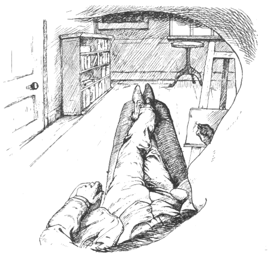 Sketch of Ernst Mach (1838–1916) of visual perception with the right eye closed.
He wrote:“I lie upon my sofa. If I close my right eye, the picture represented in the accompanying cut is presented to my left eye. In a frame formed by the ridge of my eyebrow, by my nose, and by my mustache, appears a part of my body, so far as visible, with its environment. [...] Reflections like that for the field of vision may be made with regard to the province of touch and the perceptual domains of the other senses.”