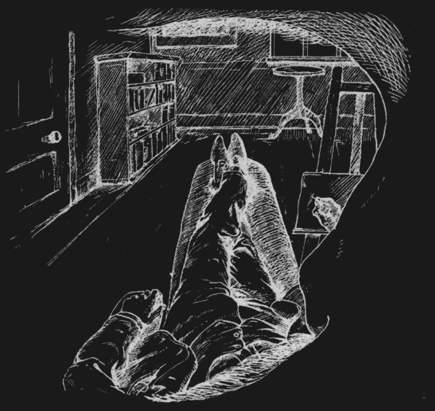 Sketch of Ernst Mach (1838–1916) of visual perception with the right eye closed.
He wrote:“I lie upon my sofa. If I close my right eye, the picture represented in the accompanying cut is presented to my left eye. In a frame formed by the ridge of my eyebrow, by my nose, and by my mustache, appears a part of my body, so far as visible, with its environment. [...] Reflections like that for the field of vision may be made with regard to the province of touch and the perceptual domains of the other senses.”