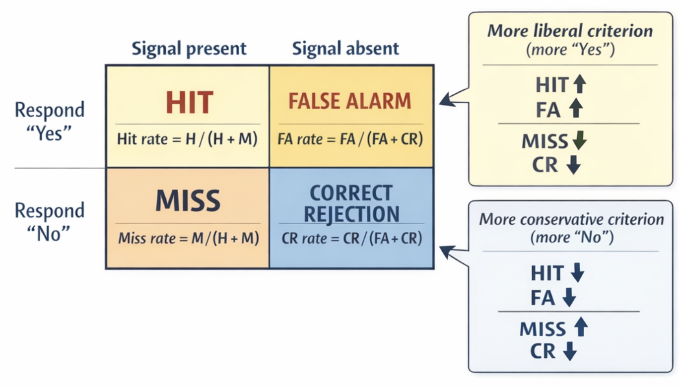 Signal Detection Theory is a mathematical tool to find out whether an observer whose perceptual report we are measuring for (absolute or relative) thresholds is more prone to say “yes” versus “no” whenever they are in doubt because their perception was subtle.