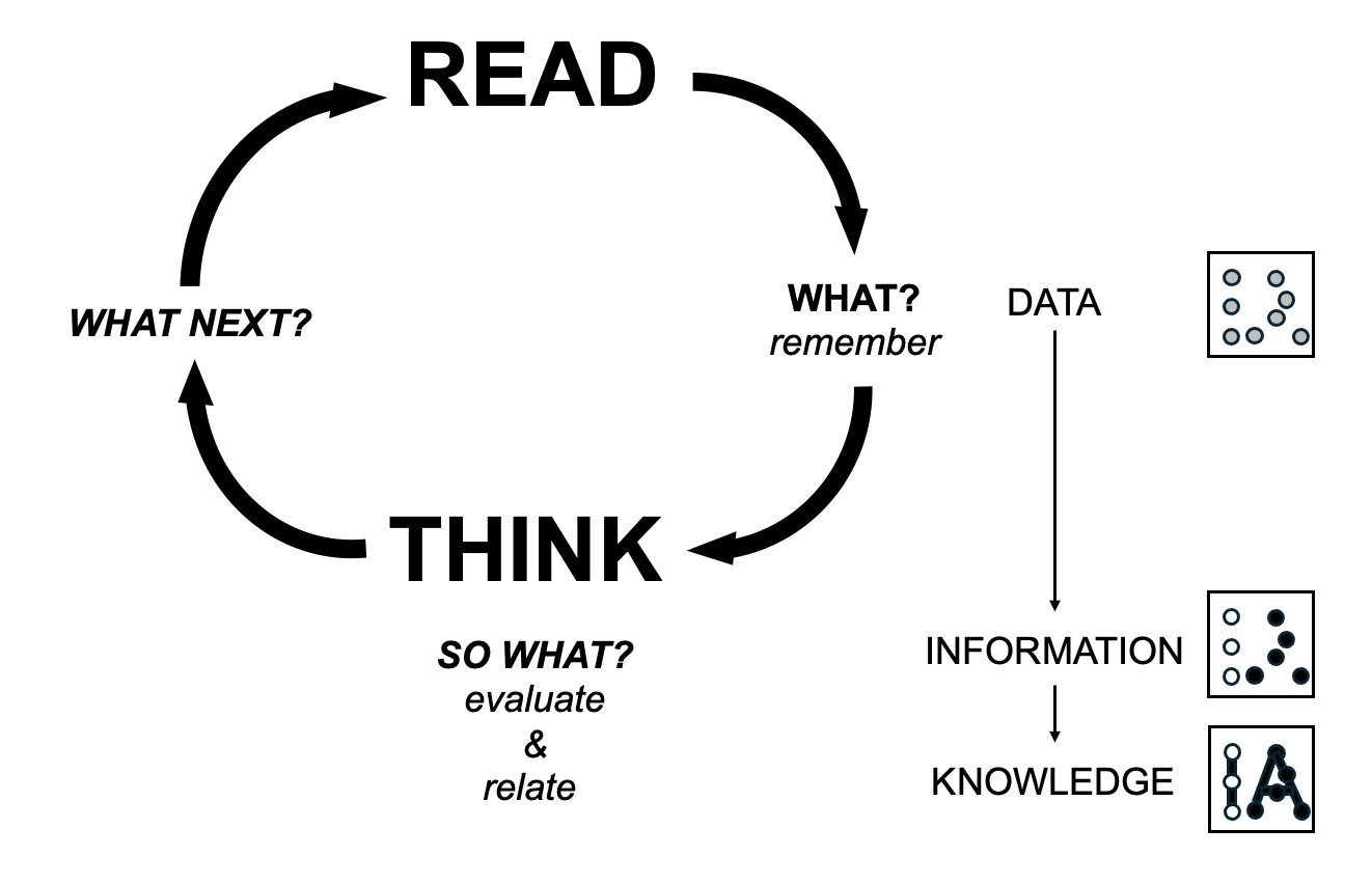 A simplistic, bare bones model of a learning model synthesized across several established semi-formal proposals (Structure of Observed Learning Outcomes by Biggs & Collis; Information Hierarchy; Reflective Model by Borton; Bloom’s Taxonomy). This schema also gives rise to a notion of knowledge consisting of increasingly organized, coherently structured information. That is, to move from memorizing facts to useful understanding involves figuring things out via connections between indivdual pieces of information. There is an element reminiscent of geometry - mathematics - involved.