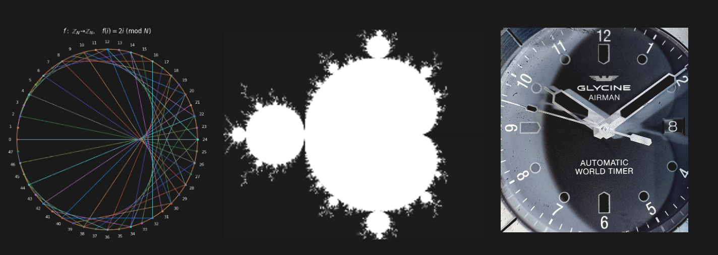 More cardioids. While learning about the single instance of how cardioids can arise seemed uninteresting, realizing how cardioids occur under a wide variety of circumstances makes them seem much more worthy of consideration. Leftmost: Cardioid construction using modular arithmetic. Center: A cardioidal shape within the Mandelbrot set. Rightmost: Cardioidal shape of a shadow.
