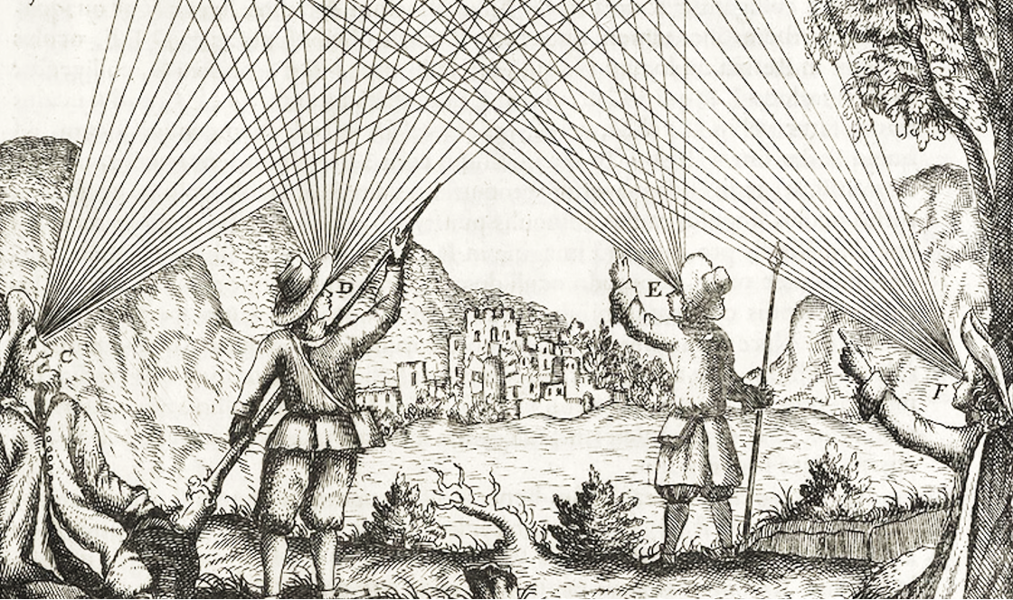 Visual sensation starts with light rays entering our eyes, bending at the lens and ending up as a two-dimensional projection (image) at the back of our eyeballs - the retina. As a consequence, visual sensation is subjected to the laws of optics - the geometry of light propagation.